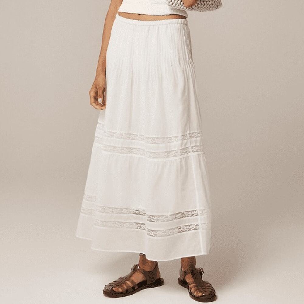 J.Crew Lace Trim Pintuck 100% Cotton White Skirt Size XL NWT